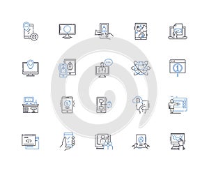 Implement line icons collection. Execute, Apply, Enact, Realize, Incorporate, Integrate, Launch vector and linear