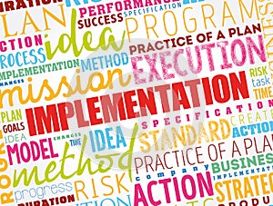 Implementation word cloud collage, business concept background