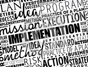 Implementation word cloud collage, business concept background