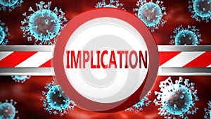 Implication and covid, pictured by word Implication and viruses to symbolize that Implication is related to coronavirus pandemic,