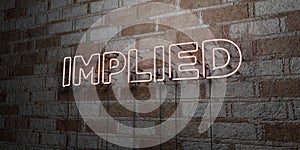 IMPLIED - Glowing Neon Sign on stonework wall - 3D rendered royalty free stock illustration