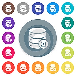 Import database flat white icons on round color backgrounds