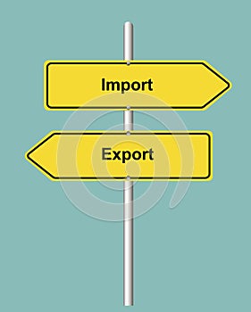 Import Export arrow shaped yellow road sign on turquoise background
