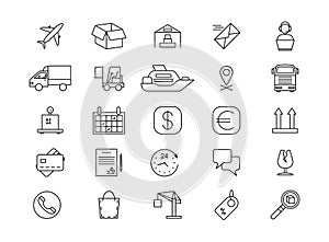 Import and export logistics, shipping and goods delivery, cargo line icons