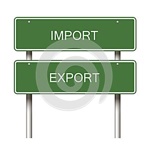 Import Export rectangle shaped green road sign on white background