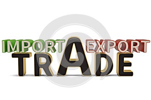 Import export trade words on white background.3D illustration.