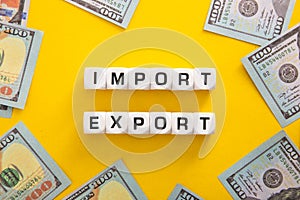 Import and export word on yellow bacvkground. Business and import or export concept