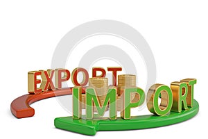 Import export words on arrow and gold coin stacks 3D illustrat