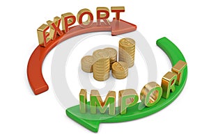 Import export words on arrow and gold coin stacks 3D illustrat