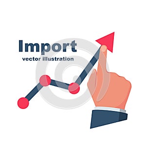 Import growth. Hand raising chart up. Template global logistic distribution service.