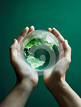 importance of ecology and environmental conservation, with hands tenderly cradling a green Earth globe