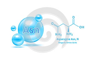 Important amino acid Asparagine Asn, N and structural chemical formula and line model of molecule.