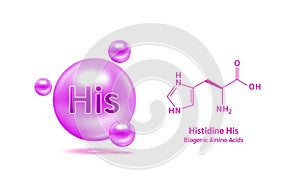 Important amino acid Histidine His and structural chemical formula and line model of molecule.