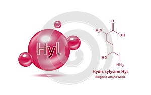 Important amino acid Hydroxylysine  Hyl and structural chemical formula and line model of molecule.