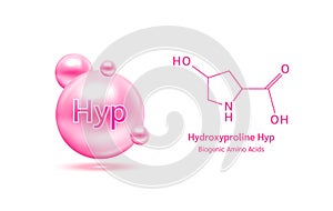 Important amino acid Hydroxyproline Hyp and structural chemical formula and line model of molecule.