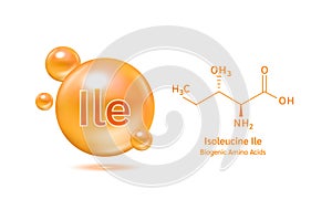 Important amino acid Isoleucine Ile and structural chemical formula and line model of molecule.