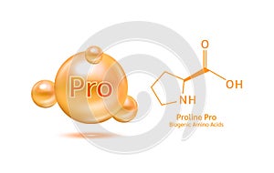 Important amino acid Proline Pro and structural chemical formula and line model of molecule.