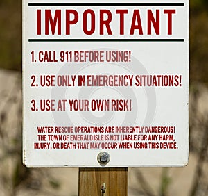 Important beach water rescue sign