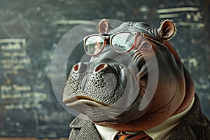 An important and confident hippopotamus of a teacher in a jacket stands in the lecture hall in front of the blackboard.