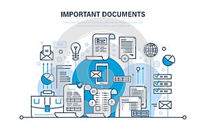 Important documents concept. Business documents, business accounts, working reporting files. photo