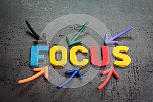 Important of focus, concentration, intention in work or life concept, colorful arrows pointing to the word FOCUS at the center on