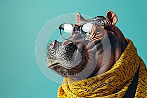 An important and stylish serious hippopotamus wearing glasses and a fashionable yellow scarf on solid background.