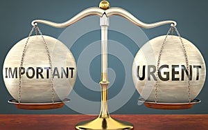 Important and urgent staying in balance - pictured as a metal scale with weights and labels important and urgent to symbolize