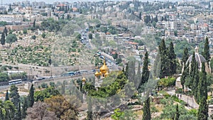 Important world holy places in Jerusalem. Panorama view and Church of Mary Magdalene