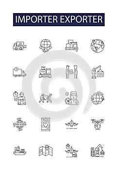 Importer exporter line vector icons and signs. shipping, import, business, ship, export, transportation, industry