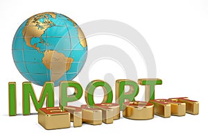 Imports and exports words and globe business trade global corporations.3D illustration.