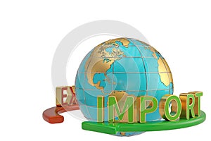 Imports and exports words and globe business trade global corporations.3D illustration.