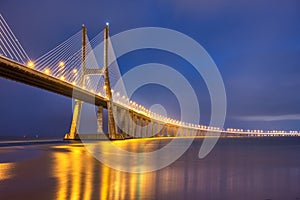 The imposing cable-stayed Vasco da Gama bridge at night