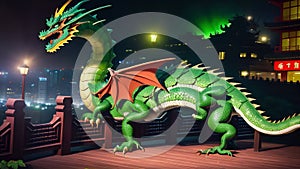Imposing green dragon crouching on an ornate wooden balcony, overlooking a bustling night cityscape