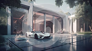 Imposing Luxury House Sleek Supercar in BrightLight Glory