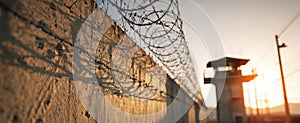 The imposing prison watchtower silhouetted against a stunning sunset backdrop. AI generated image