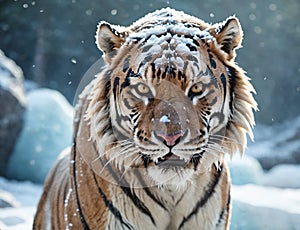 Imposing Tiger in the snow starring at the camera.