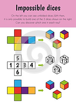 Impossible dices Educational Sheet. Primary module for Logic Reasoning. 5-6 years old