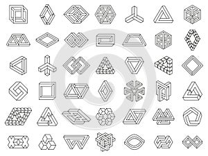 Impossible geometric shapes. Paradox geometry line figures, unexpanded, impossible geometry vector symbols set. Optical