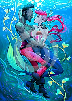 Impossible. Mermaid with pirate under the water.