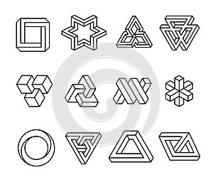 Impossible shapes, optical illusion objects. Vector illustration isolated on white background.