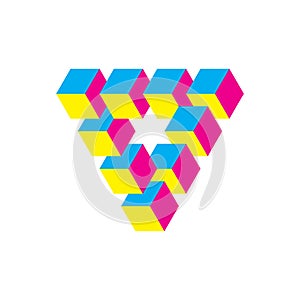 Impossible triangle in CMY colors. Cubes arranged as geometric optical illusion. Reutersvard traingle. Vector