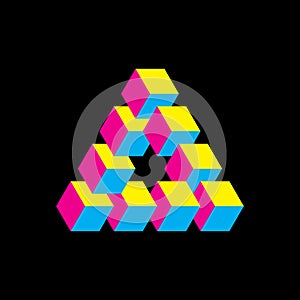 Impossible triangle in CMYK colors. Cubes arranged as geometric optical illusion. Reutersvard traingle. Vectori