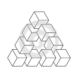 Impossible triangle. 3D cubes arranged as geometric optical illusion. Reutersvard traingle. White vector illustration