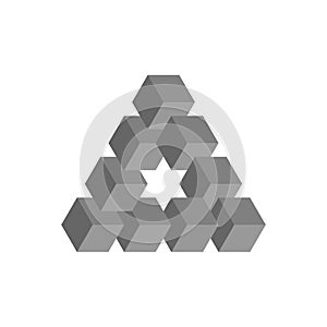 Impossible triangle in grey. 3D cubes arranged as geometric optical illusion. Reutersvard traingle. Vector illustration