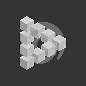 Impossible triangle in grey. 3D cubes arranged as geometric optical illusion. Reutersvard traingle. Vector illustration