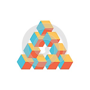 Impossible triangle in three different colors. Cubes arranged as geometric optical illusion. Reutersvard traingle