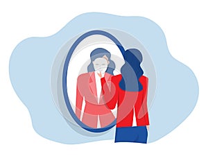 Imposter Syndrome. A businesswoman looks in the mirror and takes mask his imposter for Anxiety
