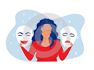 Imposter syndrome; masks with happy or sad expressions.Bipolar disorder; fake faces and emotions. Psychology; false behavior or