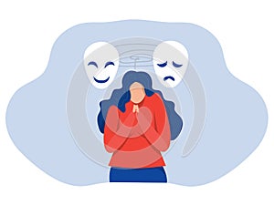 Imposter syndrome; masks with happy or sad expressions.Bipolar disorder; fake faces and emotions. Psychology; false behavior or