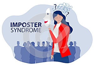 Imposter syndrome.woman holding a mask self confidence but Anxiety and lack of self confidence at work background